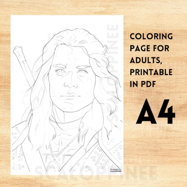 COLORING DRAWING for adults, downloadable and printable in A4 format, PDF file, hand drawn, the witcher, portrait, male face