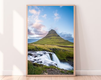 Printable Kirkjufell Iceland photo. Landscape photography print. Waterfall and Kirkjufell mountain. Wall art.