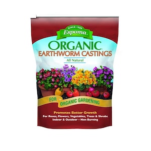 May include: A bag of Espoma Organic Earthworm Castings. The bag is primarily red with a white and blue section at the top. The text "ORGANIC EARTHWORM CASTINGS" is in large green letters. The bag promotes better growth for roses, flowers, vegetables, trees, and shrubs.