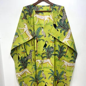 Caftán de algodón indio / Vestido playero de verano / Caftán holgado y bohemio / Vestido con estampado de animales de la selva / Caftán largo y ligero