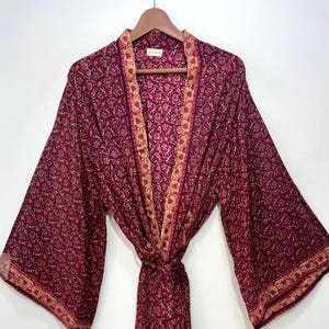 Bohemian Recycled Silk Sari Kimono Robe, Elegant Loungewear Dressing Gown, Summer Lightweight Kimono With Belt, Boho Robe Festival Outfit