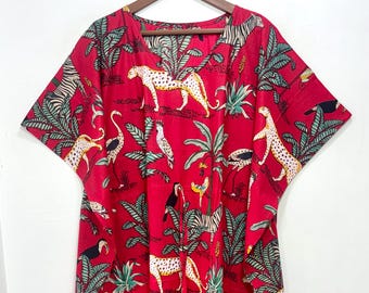 Zachte katoenen kaftan met jungleprint / lange jurk zomerkleding / Indiase maxi-jurk kaftan / strandkleed / hand blokprint nachtkleding kaftan