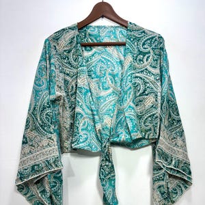 Tie and Dye Silk Crop Top | Indian Silk Tie Dye Top | Bell Sleeves Top | Front Tie Top | Silk Crop Top | Boho Hippie Crepe Beach Crop Top. Bell Sleeve Plus Size Tie Top, Bohemian Wrap Top, 3 Way Tie Hippie Boho Blouse, Flare Sleeves, Paisley Print, 70s Top, Silk Retro Top.
