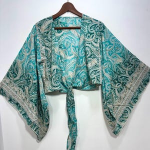 Tie and Dye Silk Crop Top | Indian Silk Tie Dye Top | Bell Sleeves Top | Front Tie Top | Silk Crop Top | Boho Hippie Crepe Beach Crop Top. Bell Sleeve Plus Size Tie Top, Bohemian Wrap Top, 3 Way Tie Hippie Boho Blouse, Flare Sleeves, Paisley Print, 70s Top, Silk Retro Top.