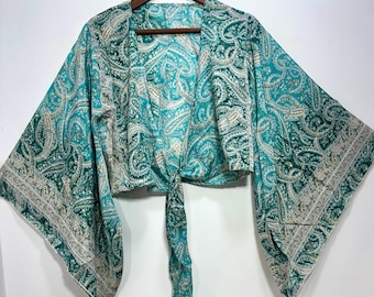 Beautiful Silk Tie Top / 3- Way Bell Sleeve Top / Vintage Silk Sari Top / Full Sleeves Hippie Top / Beach Wear Tie Top / Festival Boho Top