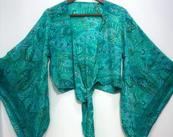 Silk Top For Women, Silk Tie Top, Bell Sleeve Top, Indian Vintage Silk Sari Top, Summer Crop Top, Full Sleeves Top, Beach Wear Tie Tops
