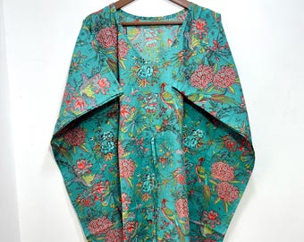 Beautiful 100% Pure Cotton Kaftan Bird & Floral Print Indian Cotton Kaftan Summer Breathable Vacation Dress Bohemian Beachwear Coverup Dress