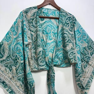 Tie and Dye Silk Crop Top | Indian Silk Tie Dye Top | Bell Sleeves Top | Front Tie Top | Silk Crop Top | Boho Hippie Crepe Beach Crop Top. Bell Sleeve Plus Size Tie Top, Bohemian Wrap Top, 3 Way Tie Hippie Boho Blouse, Flare Sleeves, Paisley Print, 70s Top, Silk Retro Top.