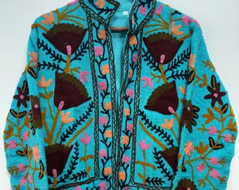 Handmade Suzani Jacket, Boho Hippie Short Jacket, Floral Hand Embroidery Jacket, Suzani Winter Women Coat, Indian Cotton Suzani Tnt Jacket