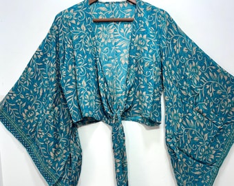 Vintage silk sari crop top, 3-way Bell sleeve wrap top, Summer comfy Loose top, Crepe silk crop top, Lightweight Tie Dye Kimono silk Blouse