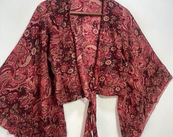 Beautiful Silk Sari Crop Top, Silk Wrap Around Tie Top, Bell Sleeve Top, Boho Recycled Crop Top, Indian Silk Crop Top, Silk Blouse Women Top