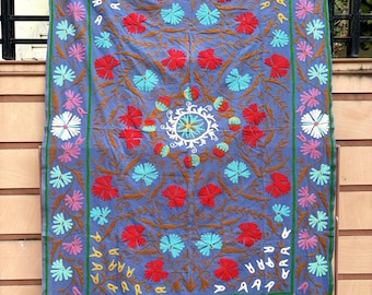 Natural Dyes Wool Area Rug, Vintage Turkmen Hand Knotted Rug, Living Room Rug, Blue and Red Suzani bedroom Rug, Oriental Kitchen Runner Rug