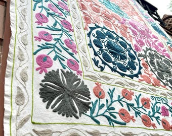 Hand Embroidered Wall Hanging Suzani, Cotton Kantha Quilt Bedsheet, Indian Floral Table Runner, Uzbek Suzani Blanket, Suzani Throw Bedspread