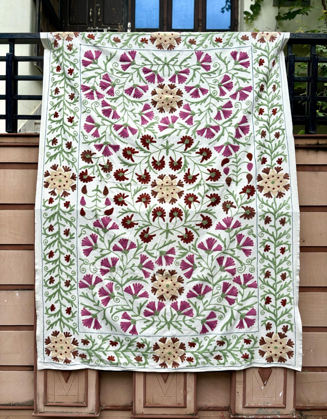 Indian Vintage Suzani, Turkish Suzani Throw Rug, Hand Embroidered