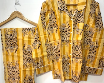 Conjunto de pijama 100% algodão indiano, estampa de tigre, pijama confortável, roupa de dormir feminina, pijama boho hippie, conjunto de verão, presente para madrinha