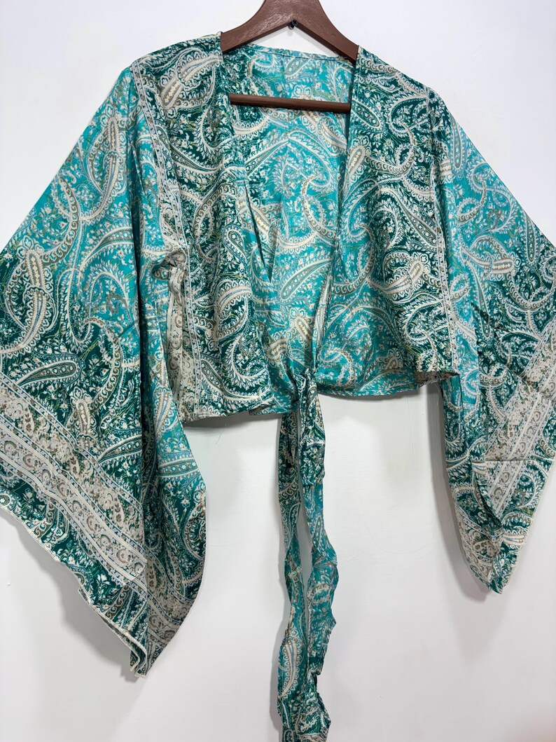 Tie and Dye Silk Crop Top | Indian Silk Tie Dye Top | Bell Sleeves Top | Front Tie Top | Silk Crop Top | Boho Hippie Crepe Beach Crop Top. Bell Sleeve Plus Size Tie Top, Bohemian Wrap Top, 3 Way Tie Hippie Boho Blouse, Flare Sleeves, Paisley Print, 70s Top, Silk Retro Top.