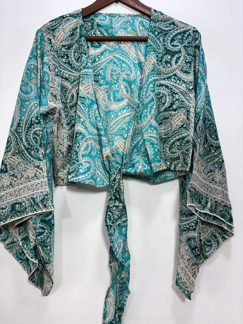Tie and Dye Silk Crop Top | Indian Silk Tie Dye Top | Bell Sleeves Top | Front Tie Top | Silk Crop Top | Boho Hippie Crepe Beach Crop Top. Bell Sleeve Plus Size Tie Top, Bohemian Wrap Top, 3 Way Tie Hippie Boho Blouse, Flare Sleeves, Paisley Print, 70s Top, Silk Retro Top.