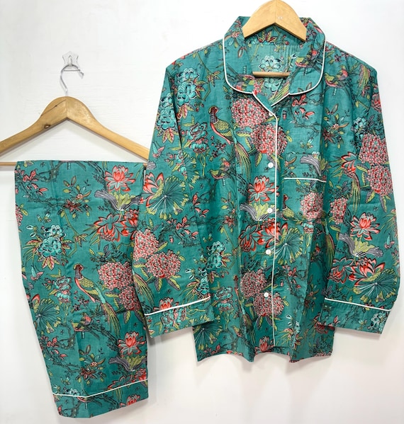 100 % Indian Cotton Pj Set, Floral and Bird Print Pyjamas, Soft Comfort Pj Set, Nightwear Women Clothing, Boho Hippie Pajamas, Gift For Her