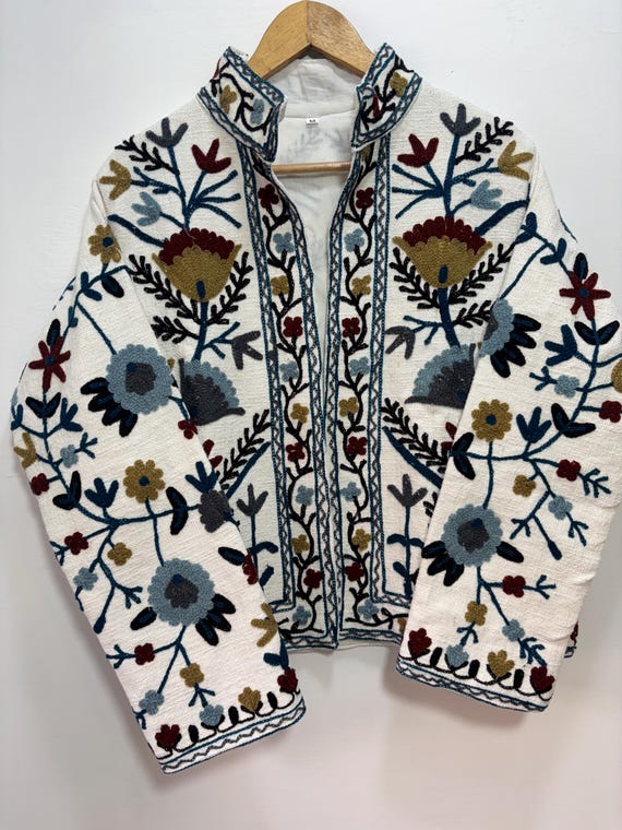 Indian Suzani Embroidery Jacket, Boho Style Cotton Quilted Handmade Jacket, Winter wear Short Jacket, Bohemian Jacket, Unique Ethnic Fashion