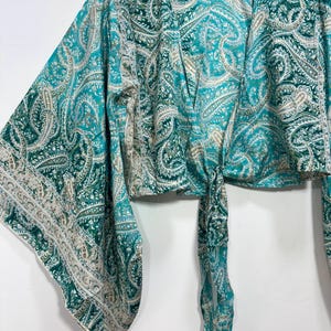 Tie and Dye Silk Crop Top | Indian Silk Tie Dye Top | Bell Sleeves Top | Front Tie Top | Silk Crop Top | Boho Hippie Crepe Beach Crop Top. Bell Sleeve Plus Size Tie Top, Bohemian Wrap Top, 3 Way Tie Hippie Boho Blouse, Flare Sleeves, Paisley Print, 70s Top, Silk Retro Top.