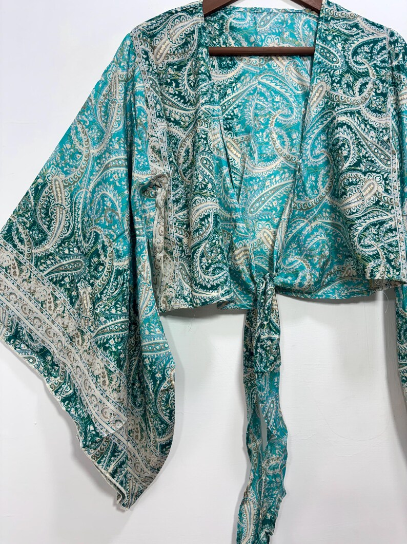 Tie and Dye Silk Crop Top | Indian Silk Tie Dye Top | Bell Sleeves Top | Front Tie Top | Silk Crop Top | Boho Hippie Crepe Beach Crop Top. Bell Sleeve Plus Size Tie Top, Bohemian Wrap Top, 3 Way Tie Hippie Boho Blouse, Flare Sleeves, Paisley Print, 70s Top, Silk Retro Top.
