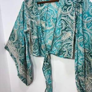 Tie and Dye Silk Crop Top | Indian Silk Tie Dye Top | Bell Sleeves Top | Front Tie Top | Silk Crop Top | Boho Hippie Crepe Beach Crop Top. Bell Sleeve Plus Size Tie Top, Bohemian Wrap Top, 3 Way Tie Hippie Boho Blouse, Flare Sleeves, Paisley Print, 70s Top, Silk Retro Top.