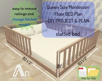 3in1 I Queen Size Slatted Montessori Floor Bed Build Plan I DIY Wooden Montessori Bed Plan I Woodworking Plans I Imperial Units I pdf