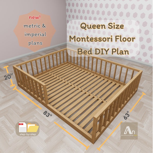 Plan du lit Queen Montessori au sol I Plan du lit Queen DIY en bois Montessori I Plans du travail du bois I Plans des meubles I Impérial - Unités métriques