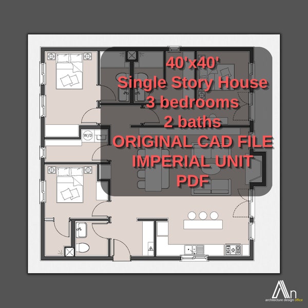 40'x40' House Floor Plan I 3 Bedroom 2 Bath Floor Plan I Single Story House Blueprint I Original CAD File I Imperial Units I PDF