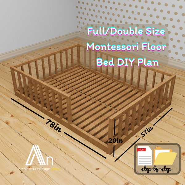 Montessori-vloerbed op volledige grootte I Dubbel formaat DIY houten bedplan I Houtbewerkingsplannen I Huismeubilairplan I Imperiale eenheden I pdf