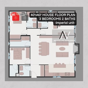 40'x 40' huisplattegrond I 3 slaapkamers en 2 badkamers plattegrond I enkele verdieping huisblauwdruk I Engelse eenheden I pdf