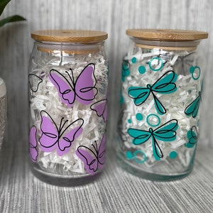 16oz Glass or 18oz Plastic Tumbler with Dragonfly or Butterfly. Can be in different colors and be personalized.