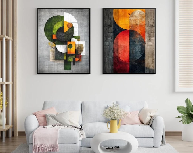 Featured listing image: Small Apartment Wall Art Set of 2 Printable, Modern Geometric Neutral Decor, Minimal Living Room Digital Download, 3000x4500 PDF