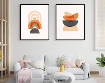 Boho Abstract Wall Art Set of 2, Mid Century Modern Printable Art, Neutral Terracotta Wall Decor, Scandinavian Minimalist Digital Download