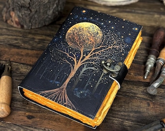 Large Leather Grimoire Journal: Tree of Life, Deckle Edge Paper