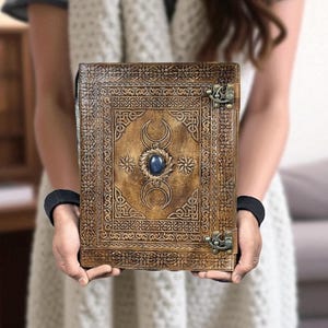 Triple Moon Goddess Leather Journal | 200 Vintage Deckle Paper | 2x Brass Locks | Personalised Grimoire, Wicca Notebook | book of shadows