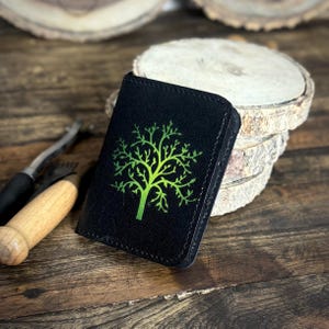 Carteira de couro com estampa de árvore da vida, carteira de couro com duas dobras, carteira de bolso frontal, carteira de couro personalizada, carteira de couro com porta-cartões