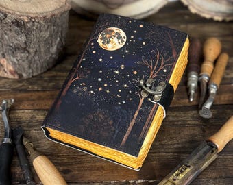 Handmade Leather Journal: Moonlit Forest Vintage Lock Diary