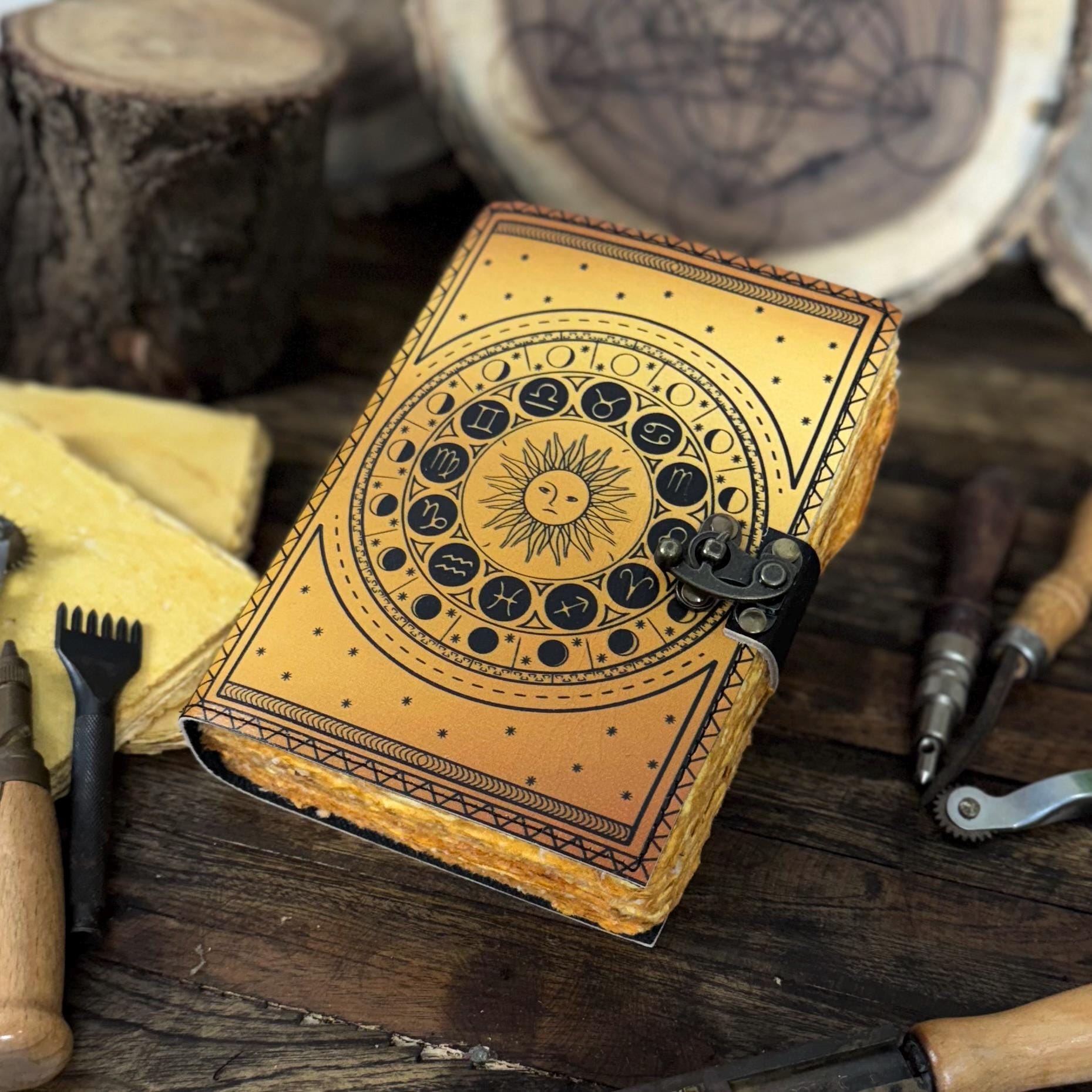Handmade Leather Zodiac Journal: Vintage Astrology Notebook with Lock