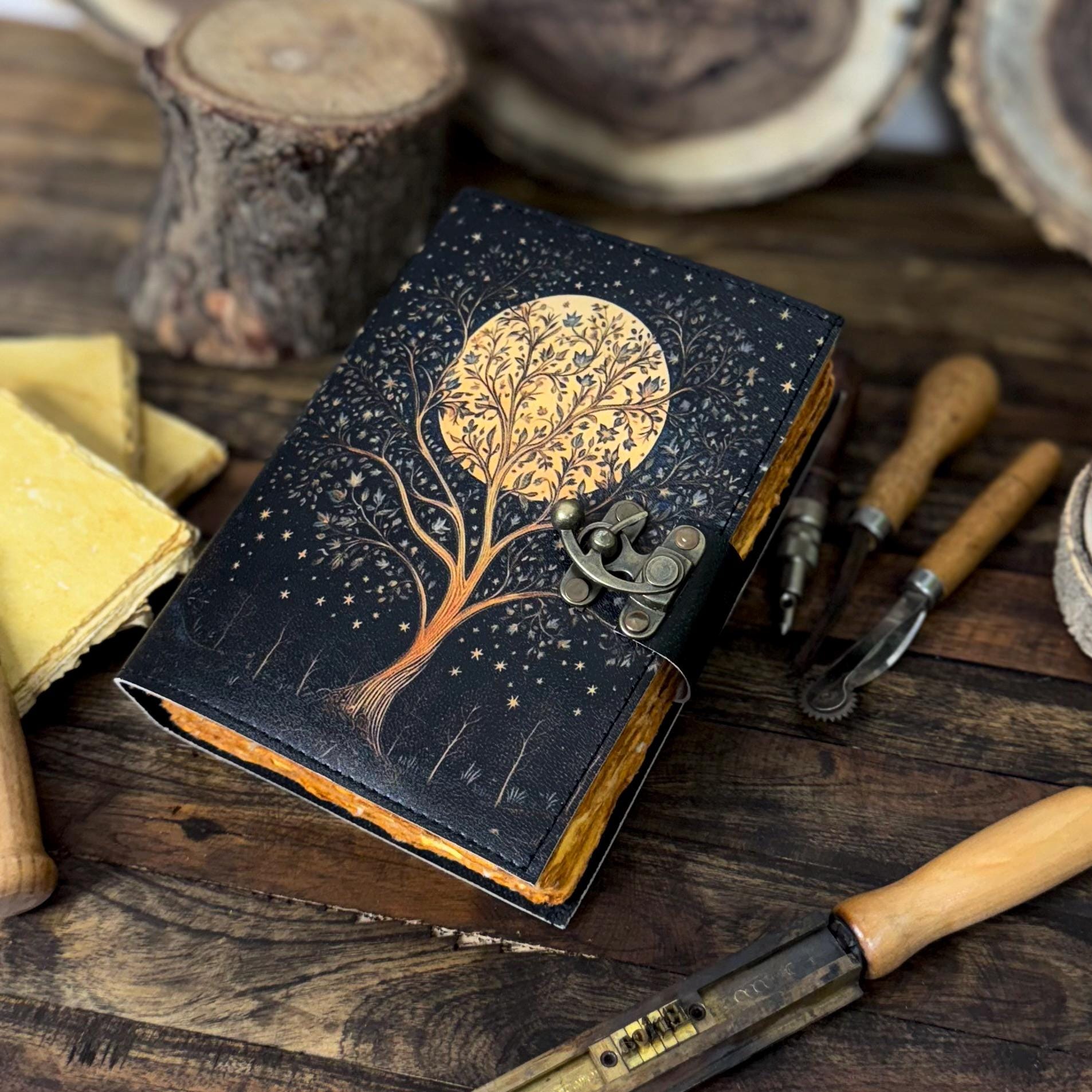 Handmade Leather Journal: Tree of Life Moon, Vintage Book of Shadows
