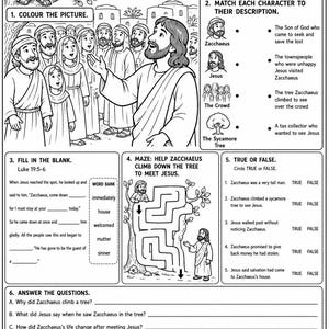 Pode incluir: Desenho a traço em preto e branco de uma folha de atividades da história bíblica de Zaqueu. A folha inclui ilustrações de Jesus, Zaqueu e uma multidão, juntamente com exercícios de preenchimento de lacunas, um labirinto e perguntas verdadeiro/falso.