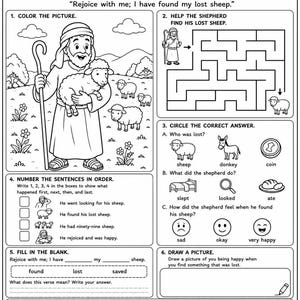 Peut inclure: Feuille d'activité en noir et blanc intitulée "The Lost Sheep" avec le texte de Luc 15:6. Comprend une section de coloriage, un labyrinthe, des questions à choix multiples, des exercices à compléter et une invite de dessin. Comprend des illustrations d'un berger, de moutons et d'images connexes.