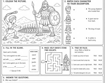 David and Goliath Bible Activity Sheet | Sunday School Printable (1 Samuel 17)