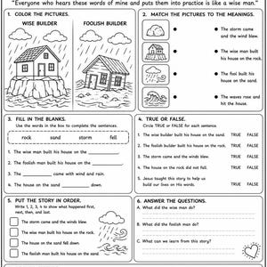 Puede incluir: Hoja de trabajo educativa en blanco y negro titulada "El constructor sabio y el necio" con texto de Mateo 7:24-27. Incluye ilustraciones de casas, una tormenta y ejercicios para completar. Incluye una sección para dibujar una imagen.