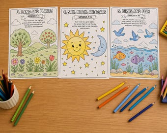 May include: Three coloring pages with illustrations of land and plants, sun, moon, and stars, and birds and fish. Each page has text from Genesis. Colored pencils are scattered around the pages.