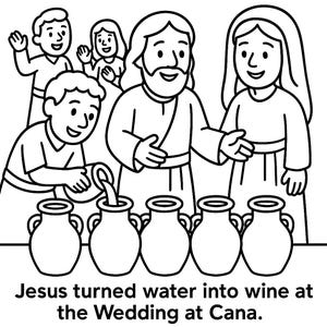 May include: Black and white illustration depicting a biblical scene. Jesus stands with a woman, gesturing towards five jugs. A person pours liquid into a jug. The text reads, "Jesus turned water into wine at the Wedding at Cana."