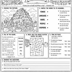 Pode incluir: Folha de atividades em preto e branco intitulada "A Torre de Babel" de Gênesis 11. Inclui ilustrações da construção da torre, um labirinto, perguntas de preenchimento e verdadeiro/falso. Apresenta o texto "Os planos de Deus são sempre maiores que os nossos!"
