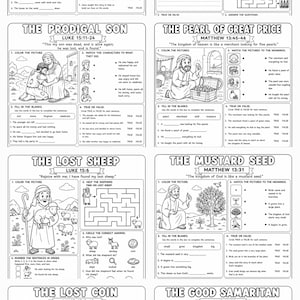 Paquete completo de parábolas bíblicas: páginas para colorear, hojas de trabajo y marcapáginas (descarga digital).