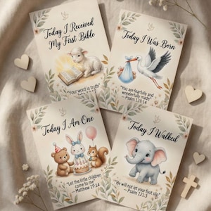 Puede incluir: Cuatro tarjetas ilustradas con las frases "Today I Received My First Bible", "Today I Was Born", "Today I Am One" y "Today I Walked". Cada tarjeta presenta un animal diferente y un versículo bíblico, sobre un fondo suave y neutro.
