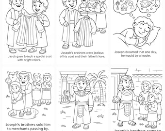 May include: A black and white illustrated comic strip depicting scenes from the story of Joseph. The panels show Joseph receiving a coat, his brothers' jealousy, Joseph's dreams, being sold, becoming a ruler, and his brothers seeking food. Text is included.